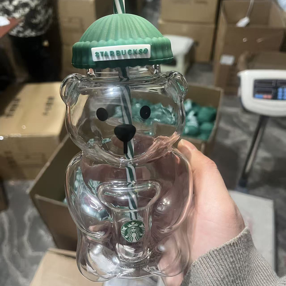 25 pack China Starbucks 20oz Cute Bear Glass Cup with Straw for Christmas and New year gift