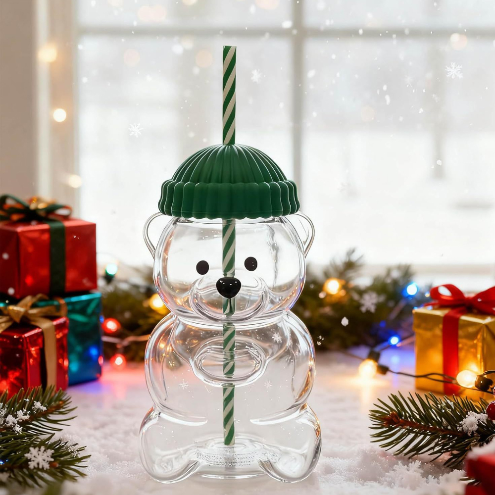 25 pack China Starbucks 20oz Cute Bear Glass Cup with Straw for Christmas and New year gift