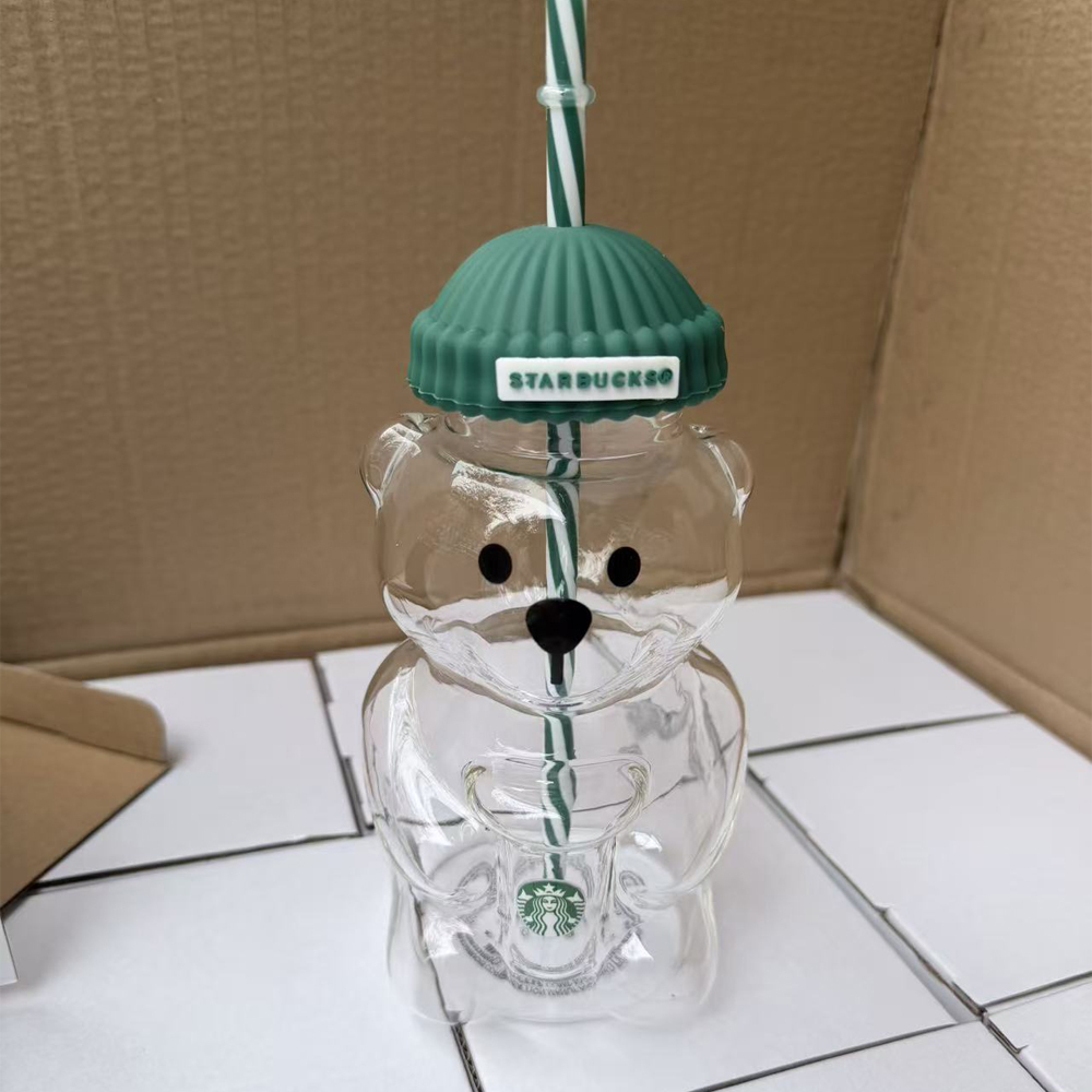 25 pack China Starbucks 20oz Cute Bear Glass Cup with Straw for Christmas and New year gift