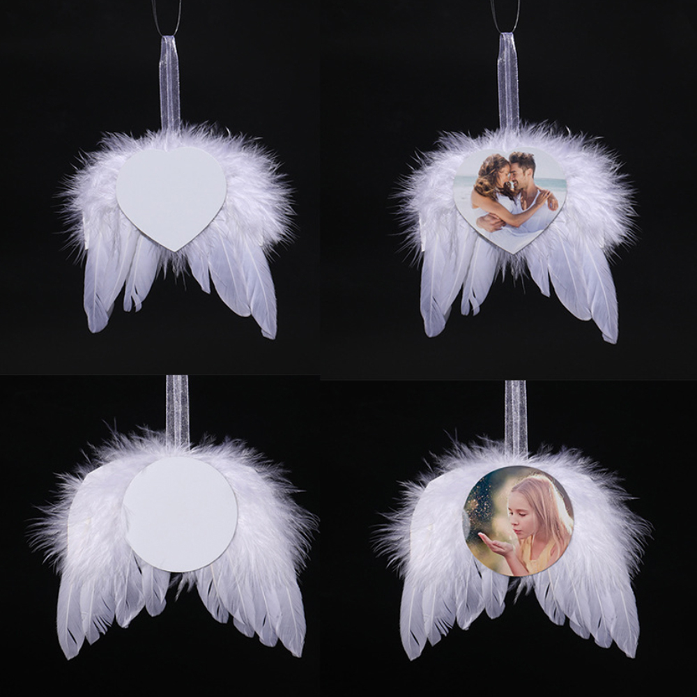50 pack China Christmas Angel White Feather Wings Ornament, Hanging Decor With Round Sublimation Blank Pendants for Christmas Tree Crafts, Mini Xmas Decor
