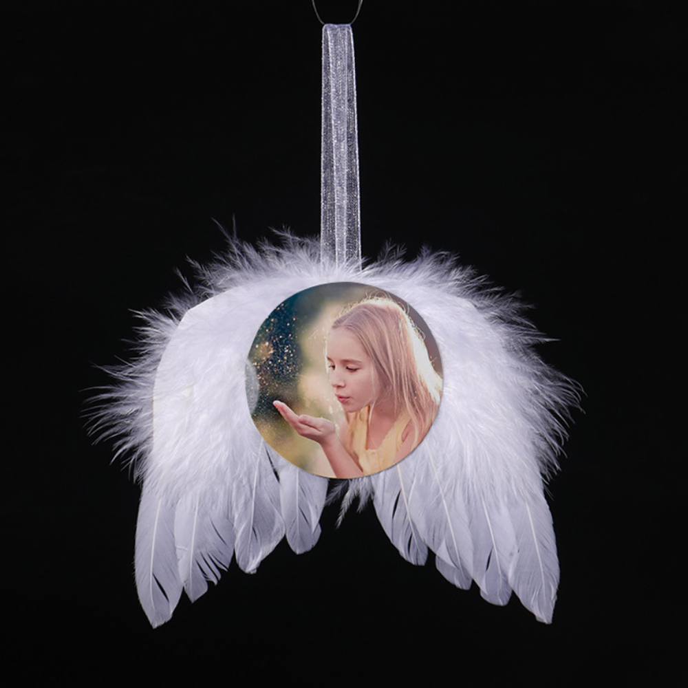 50 pack China Christmas Angel White Feather Wings Ornament, Hanging Decor With Round Sublimation Blank Pendants for Christmas Tree Crafts, Mini Xmas Decor