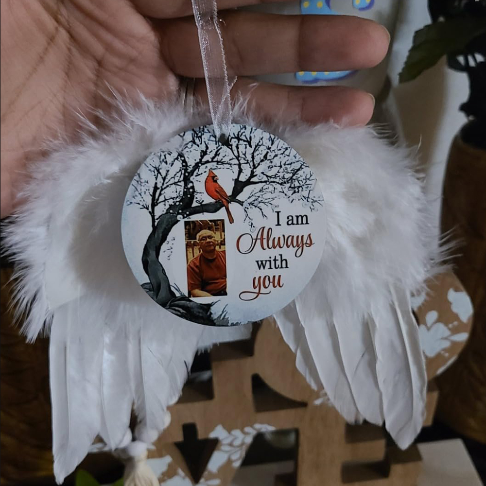 50 pack China Christmas Angel White Feather Wings Ornament, Hanging Decor With Round Sublimation Blank Pendants for Christmas Tree Crafts, Mini Xmas Decor