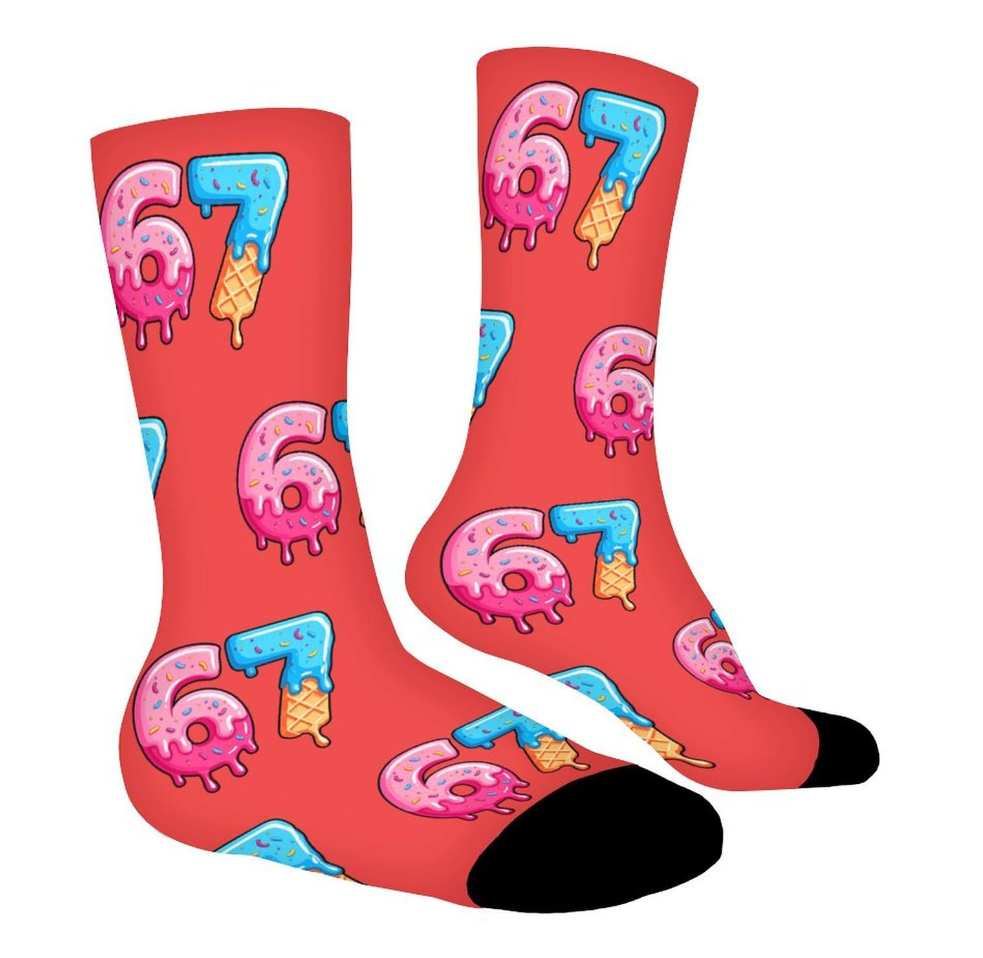 67 Pattern Printed Crew Socks, Funny Ice Cream Donut Design Novelty Sock for Men Women-Cotton Blend Casual Crew