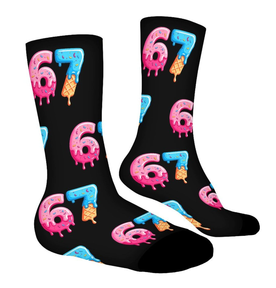 67 Pattern Printed Crew Socks, Funny Ice Cream Donut Design Novelty Sock for Men Women-Cotton Blend Casual Crew