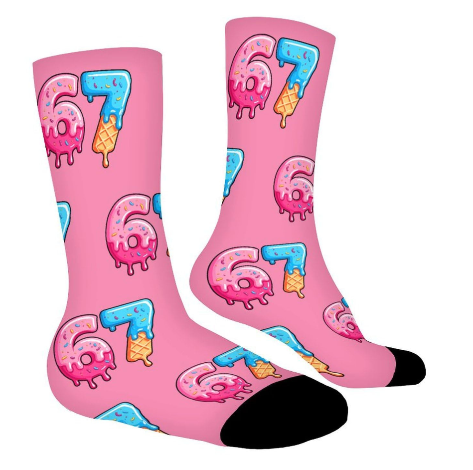 67 Pattern Printed Crew Socks, Funny Ice Cream Donut Design Novelty Sock for Men Women-Cotton Blend Casual Crew