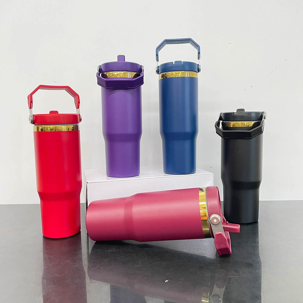 30oz Mirror Gold Plated Flip Straw Tumblers for Laser Engraving Double Wall Power Coated Water Bottles