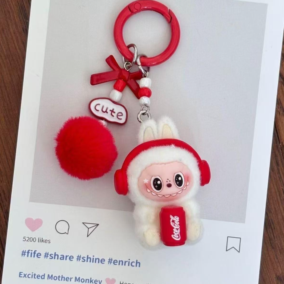 Flocked  pendant keychain cute doll sitting posture cute bag couple car keychain pendant