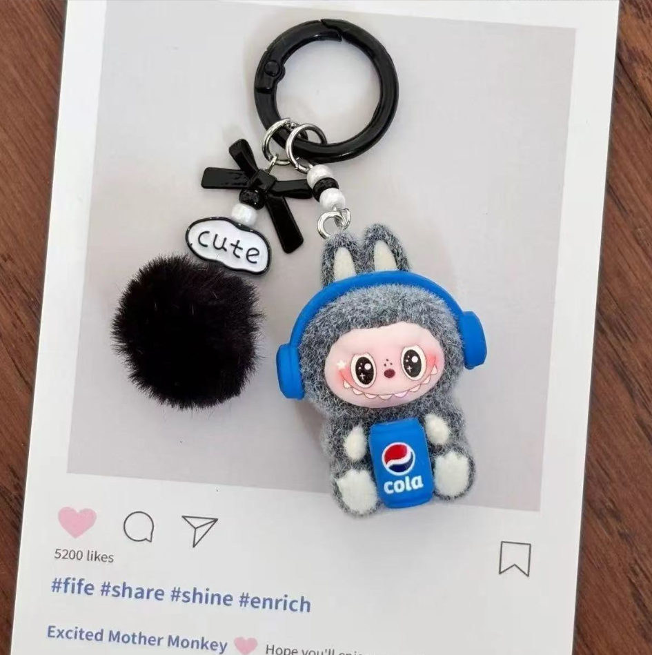 Flocked  pendant keychain cute doll sitting posture cute bag couple car keychain pendant