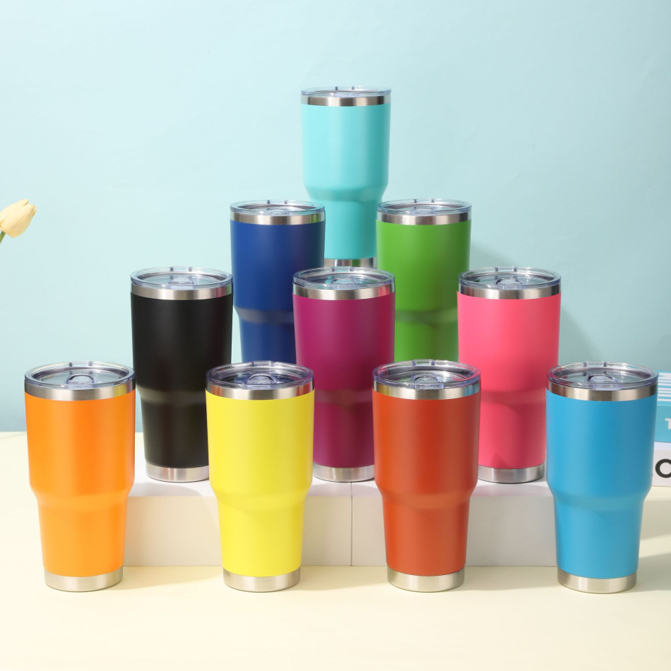 30oz Insulated Coffee Tumbler, Stainless Brushed - Reusable Stainless Steel Travel Mug with Slide Lid, Double Wall Thermal Cup for Hot or Cold Drinks - BPA-Free, Car Cup Holder
