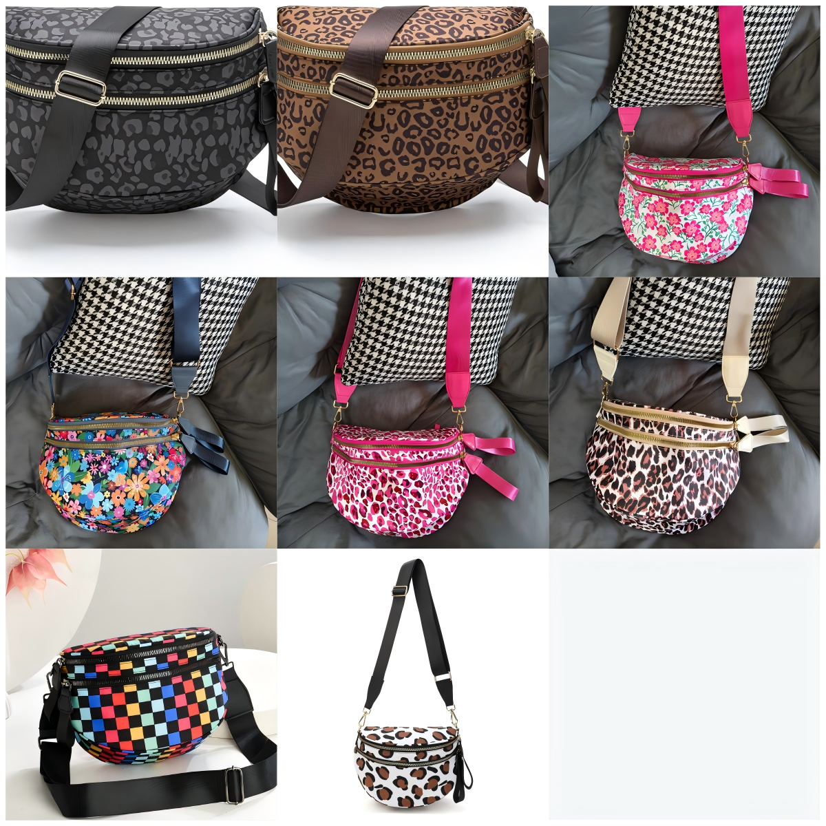Spacious Checkered Nylon Crossbody Bag Bum Bag Checkered Handbags Wallets for Women