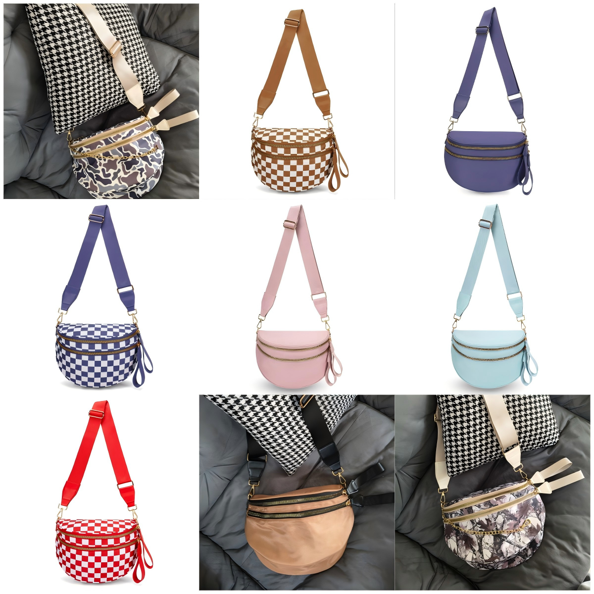 Spacious Checkered Nylon Crossbody Bag Bum Bag Checkered Handbags Wallets for Women