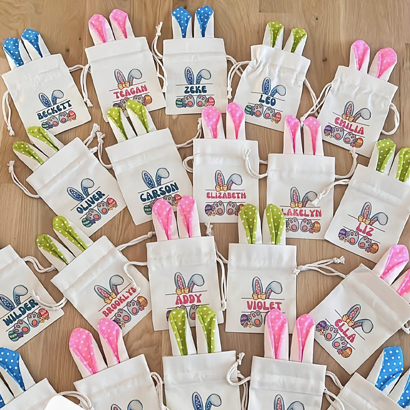 Sublimation blanks Easter Drawstring Gift Bags with Name Custom Treat Candy Bags Bunny Easter Party Favor Bags for Kids Girls Boys