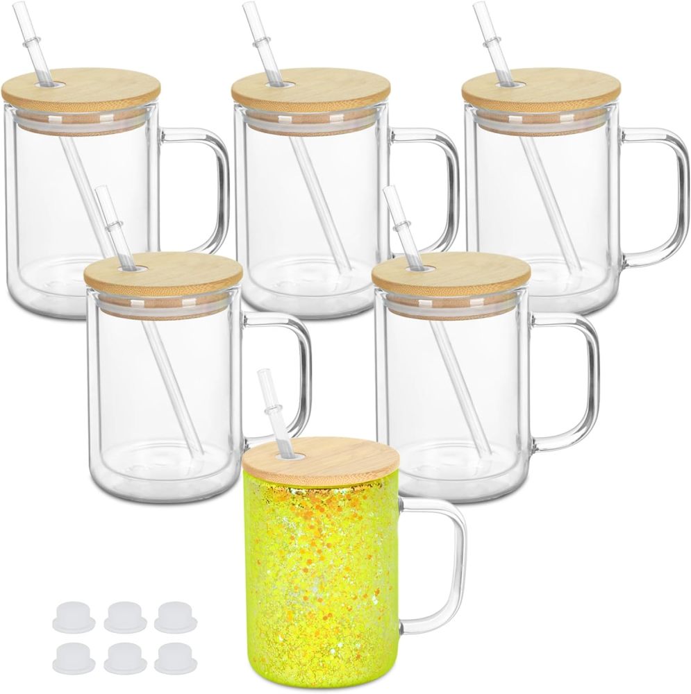 25pack US RTS 15oz Pre-drilled Sublimation Double Walled Snowglobe Glass Mug with Handle Free Shipping