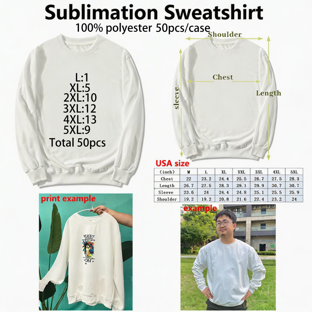 Sublimation Sweatshirts, US Sizes L-5X  100% polyester