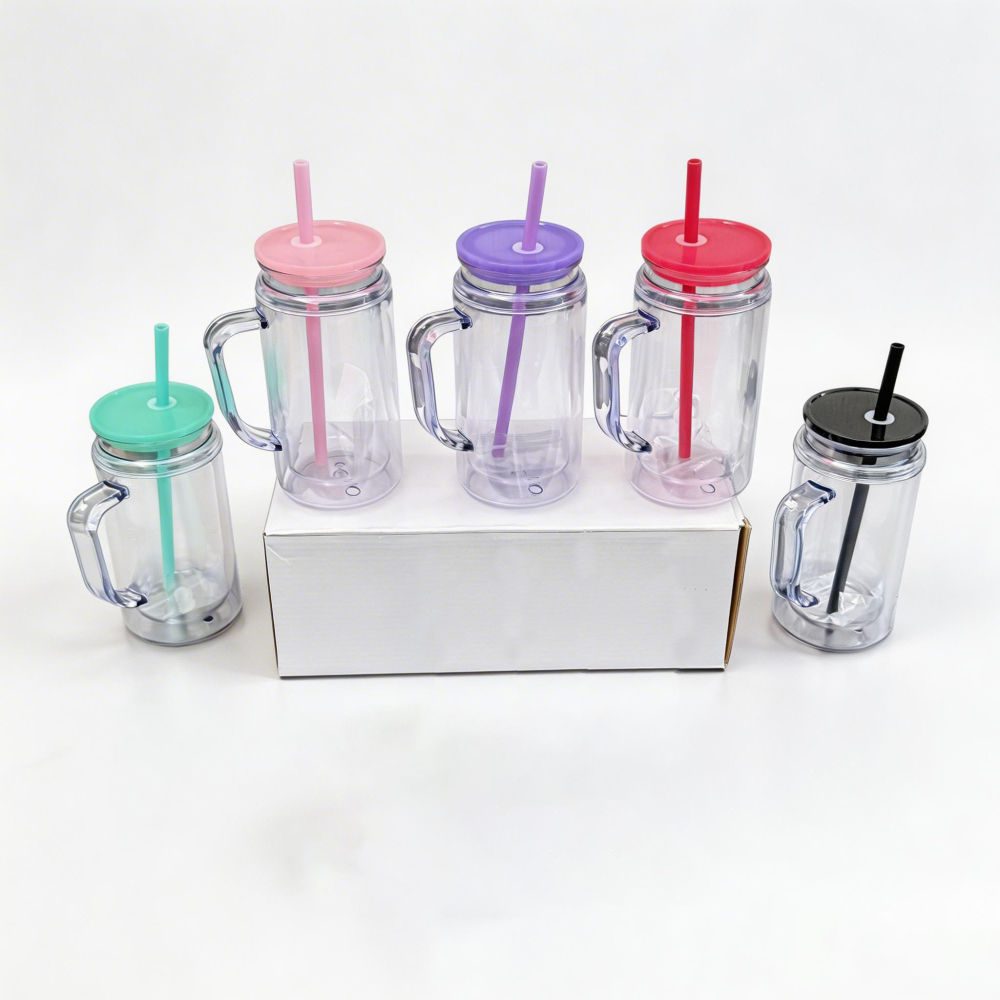 25 Pack  US Warehouse Glitter Pre Drilled Hole 12oz Inner 16oz Outer Double Wall Snow Globe Plastic Mug with Handle for UV DTF Transfer Wrap