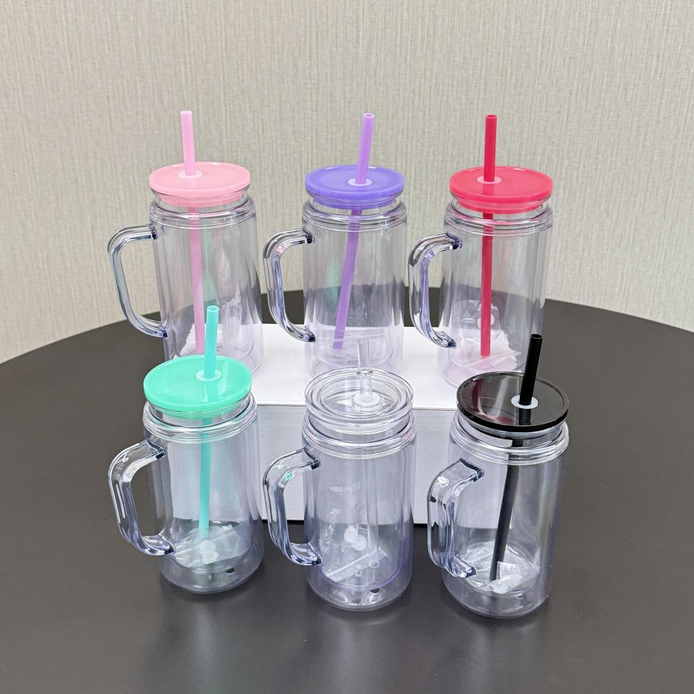 25 Pack  US Warehouse Glitter Pre Drilled Hole 12oz Inner 16oz Outer Double Wall Snow Globe Plastic Mug with Handle for UV DTF Transfer Wrap