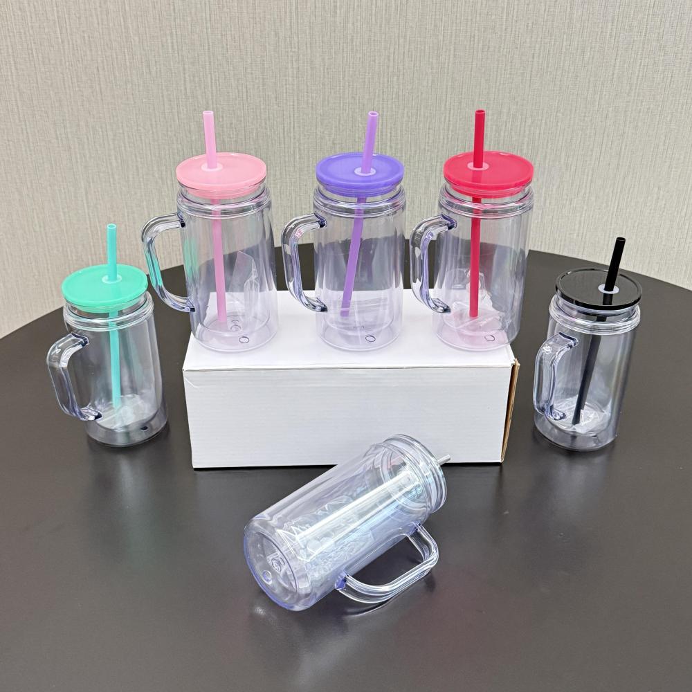 25 Pack  US Warehouse Glitter Pre Drilled Hole 12oz Inner 16oz Outer Double Wall Snow Globe Plastic Mug with Handle for UV DTF Transfer Wrap