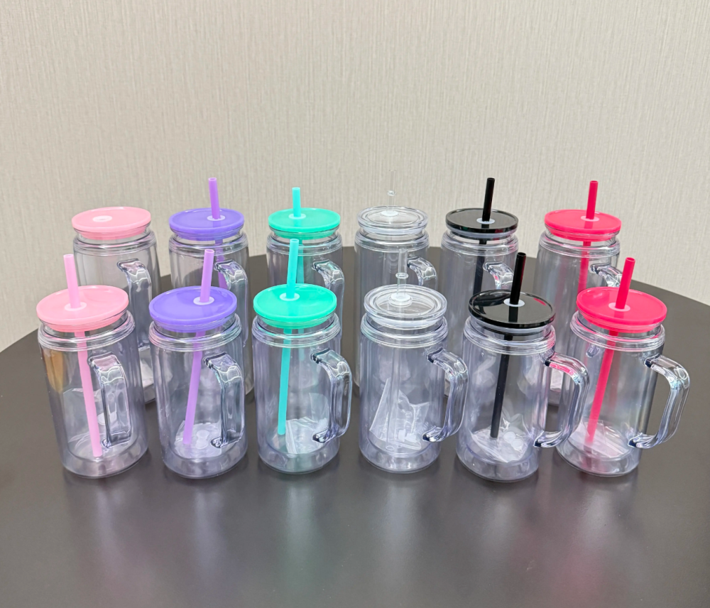 25 Pack  US Warehouse Glitter Pre Drilled Hole 12oz Inner 16oz Outer Double Wall Snow Globe Plastic Mug with Handle for UV DTF Transfer Wrap