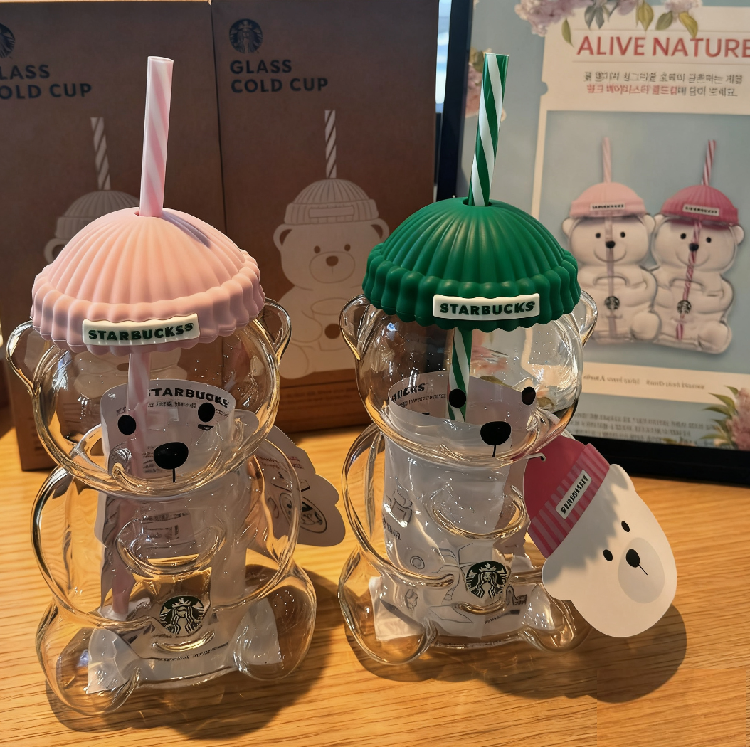 25 pack Starbucks 20oz Cute Bear Glass Cup with Straw for Christmas and New year gift