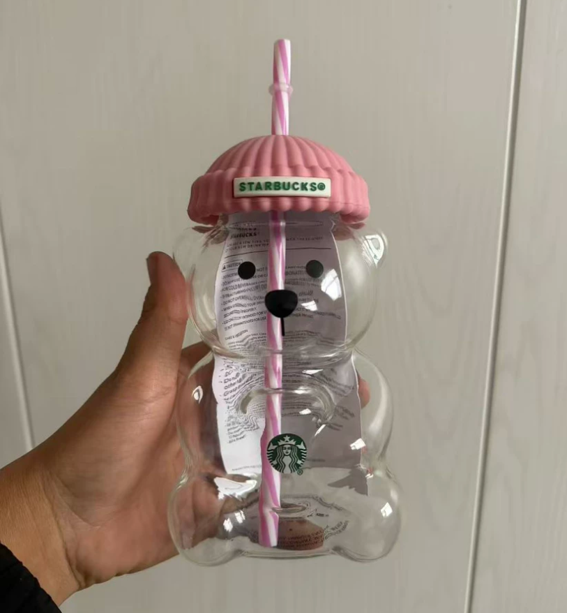 25 pack Starbucks 20oz Cute Bear Glass Cup with Straw for Christmas and New year gift