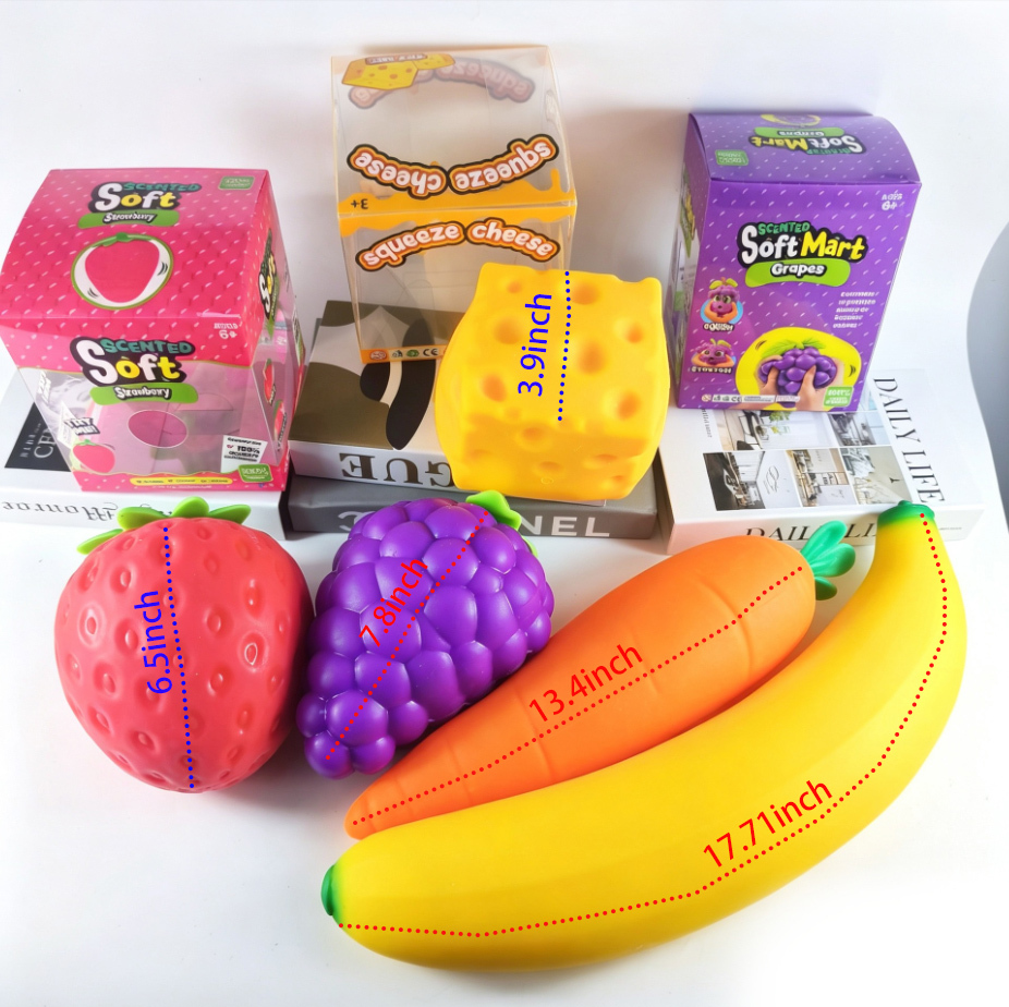 Jumbo Squishy Fruit Veggie Stress Toys – Banana Grape Strawberry Carrot Cheese