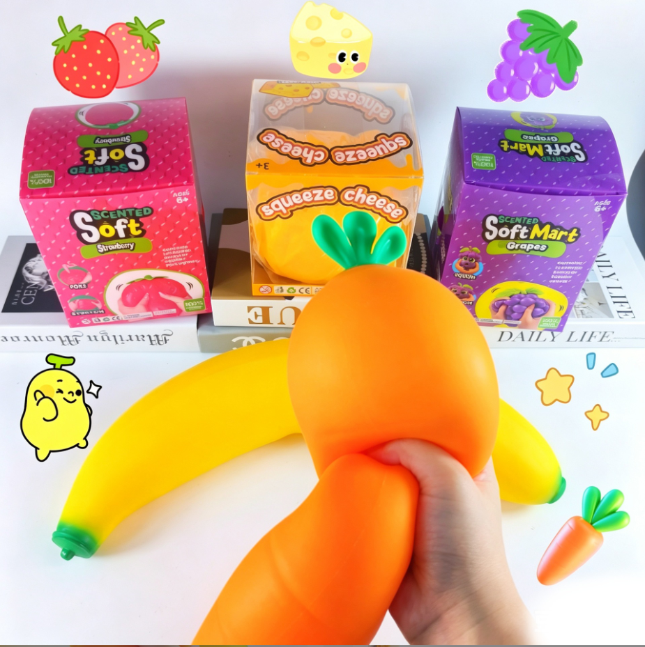 Jumbo Squishy Fruit Veggie Stress Toys – Banana Grape Strawberry Carrot Cheese