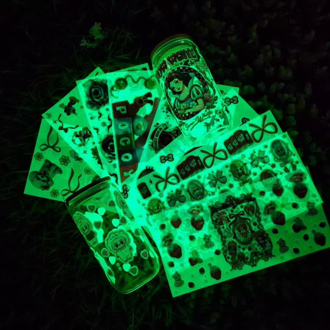Glowing in the dark green DTF Cup Wraps – Waterproof Tumbler Decals for 16oz Glass Cups | DIY Peel & Stick Vinyl Stickers