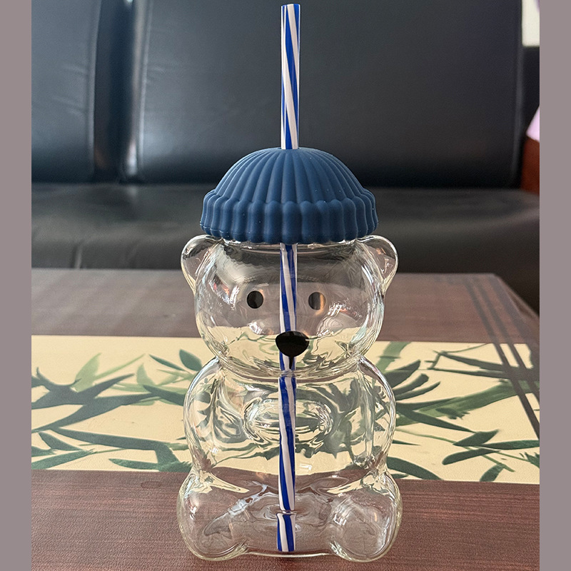 Adorable Bear Glass Cup with Straw and Lid, 500ml Reusable Tumbler for Iced Coffee, Milk Tea & Cocktails, Dishwasher Safe