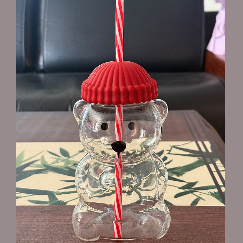 Adorable Bear Glass Cup with Straw and Lid, 500ml Reusable Tumbler for Iced Coffee, Milk Tea & Cocktails, Dishwasher Safe