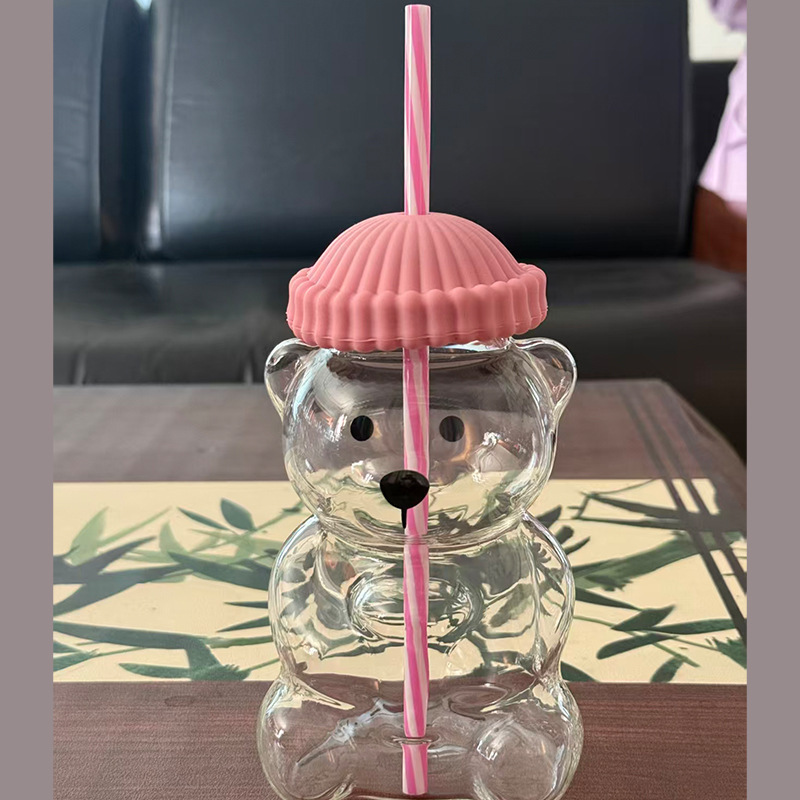 Adorable Bear Glass Cup with Straw and Lid, 500ml Reusable Tumbler for Iced Coffee, Milk Tea & Cocktails, Dishwasher Safe