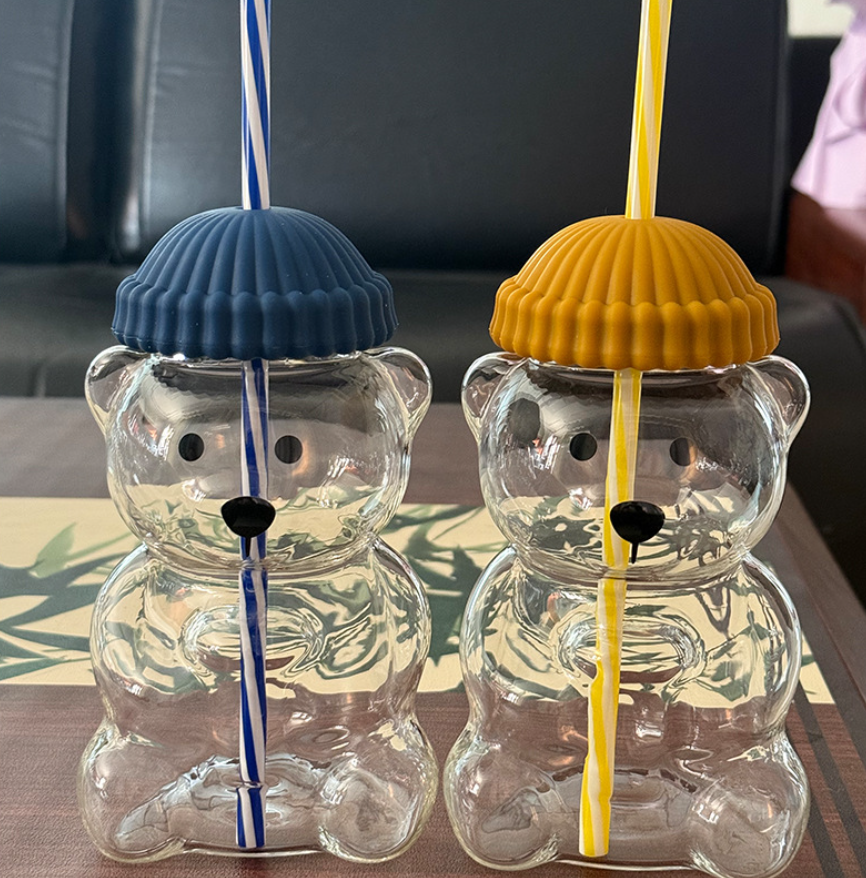 Adorable Bear Glass Cup with Straw and Lid, 500ml Reusable Tumbler for Iced Coffee, Milk Tea & Cocktails, Dishwasher Safe