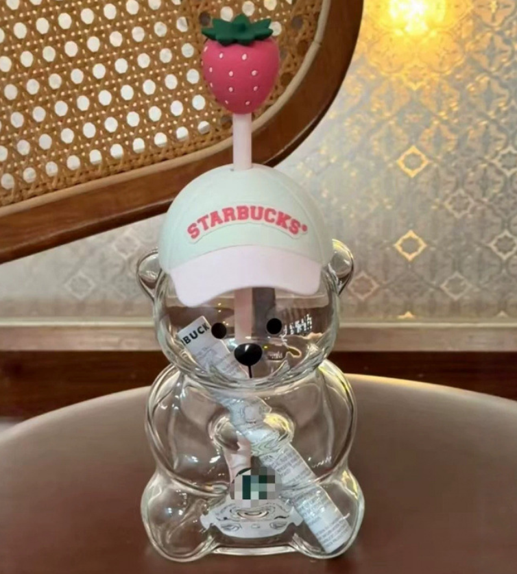 20 pack Starbucks 20oz Cute Bear Glass Cup with strawberry Straw