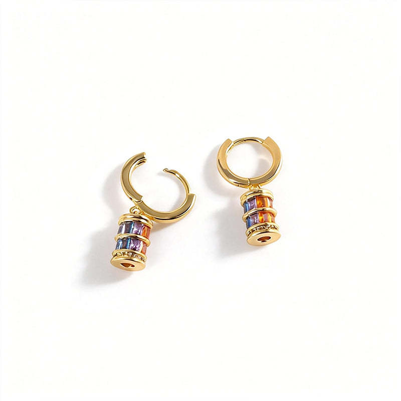 Gold Hoop Earrings with Colorful Cylinder Charms