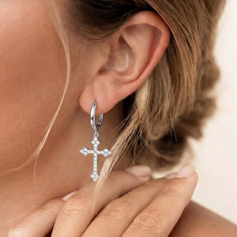 Elevated Cross Charm Hoop Earrings