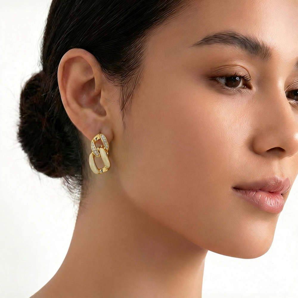 Gold & White Square Stud Earrings