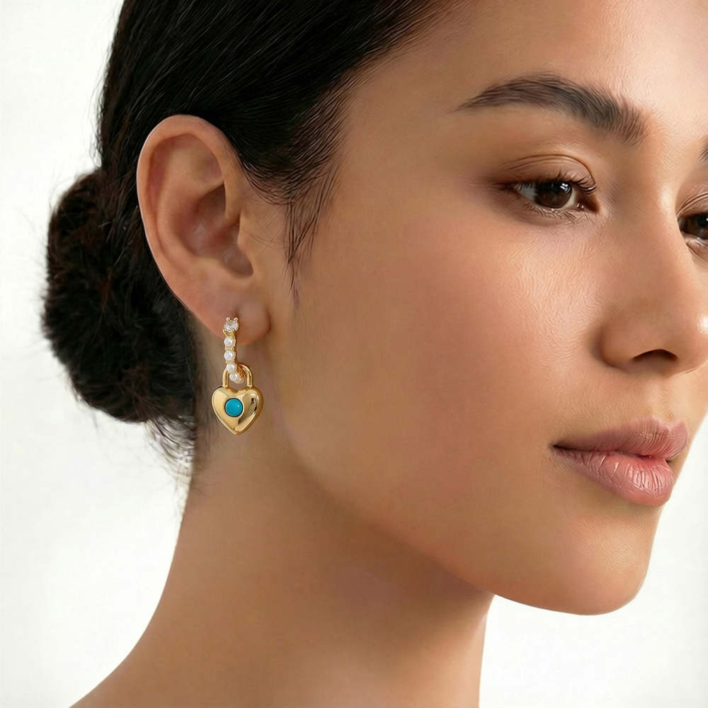 Gold Heart Earrings with Turquoise