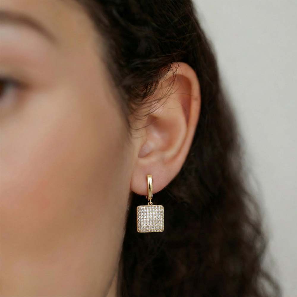Luminous Rectangle CZ Dangle Earrings in 18K Gold