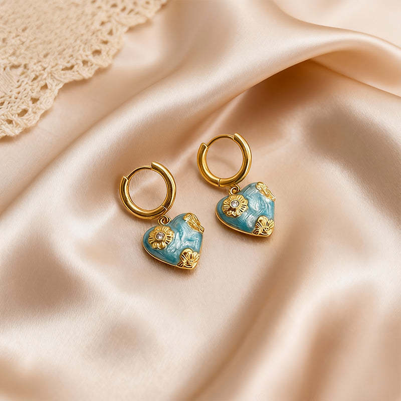 Enamel Heart Drop Earrings w/ Crystals & Gold Flowers