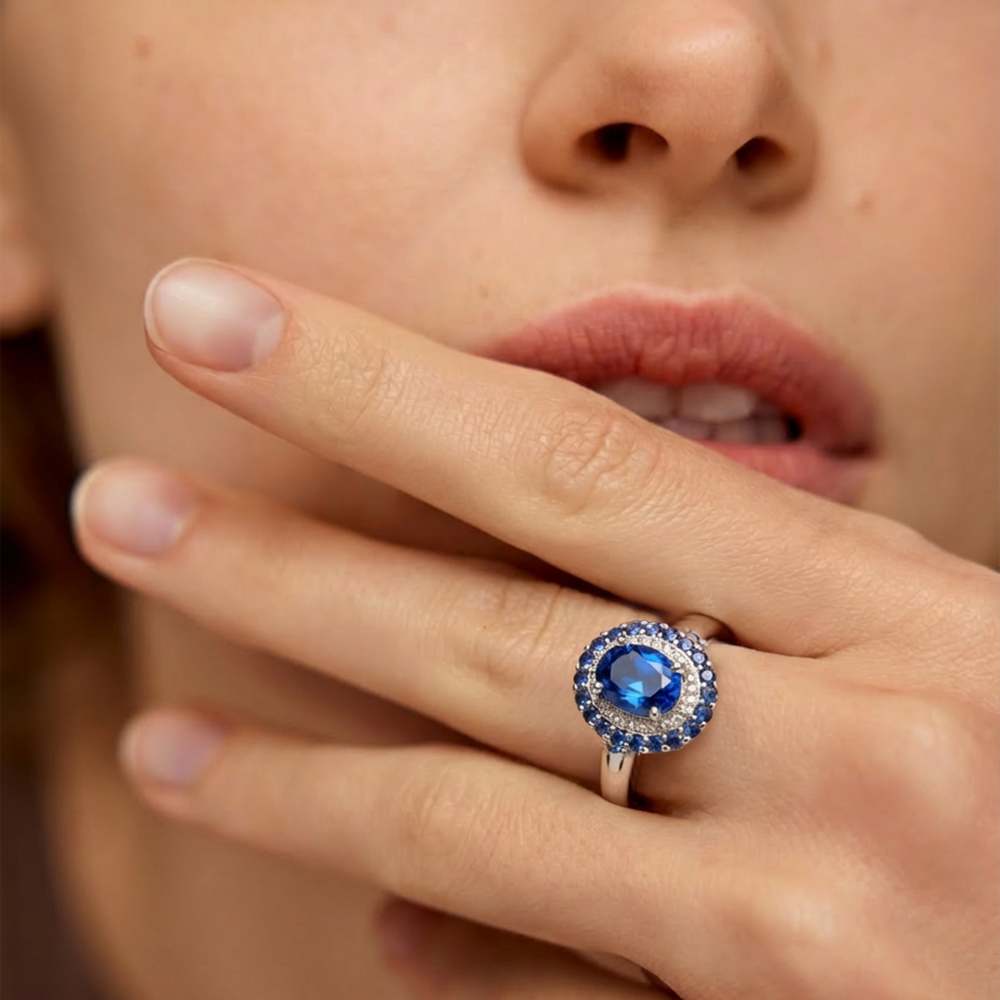 Blue Halo Statement Ring with Adjustable Band