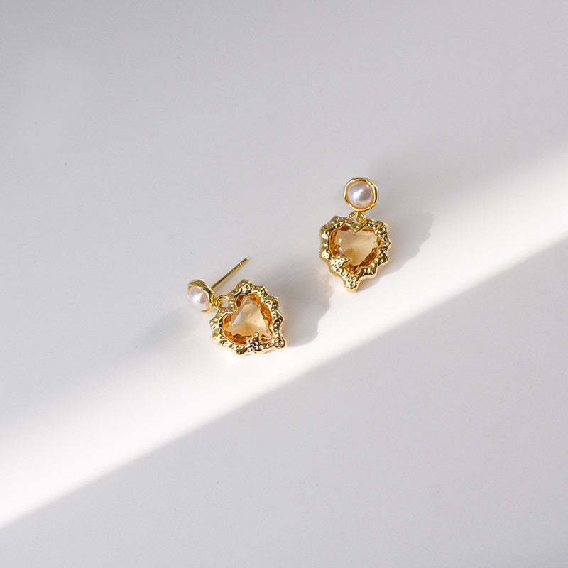 Golden Heart Stud Earrings with Pearl