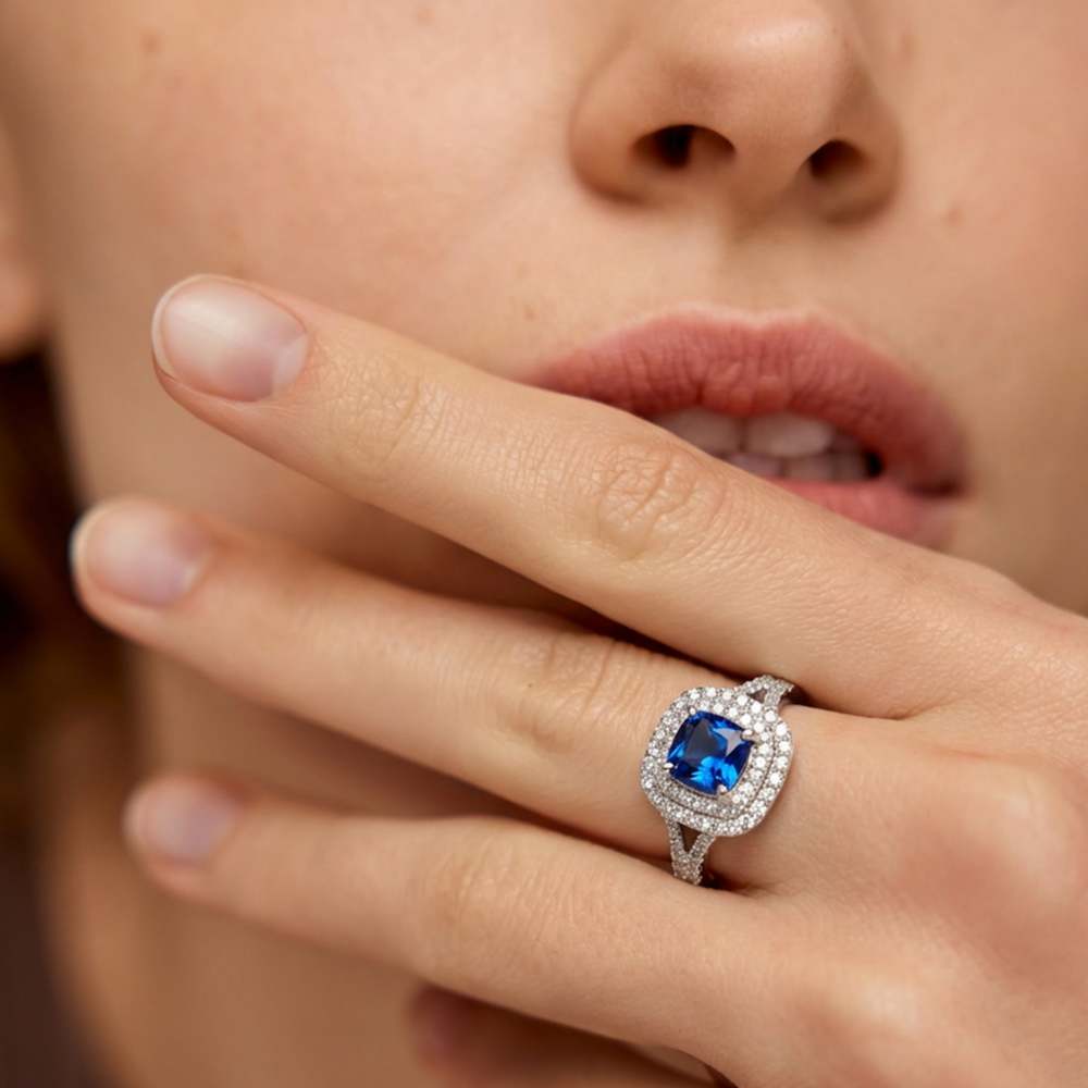 Blue Heart Zirconia Halo Ring