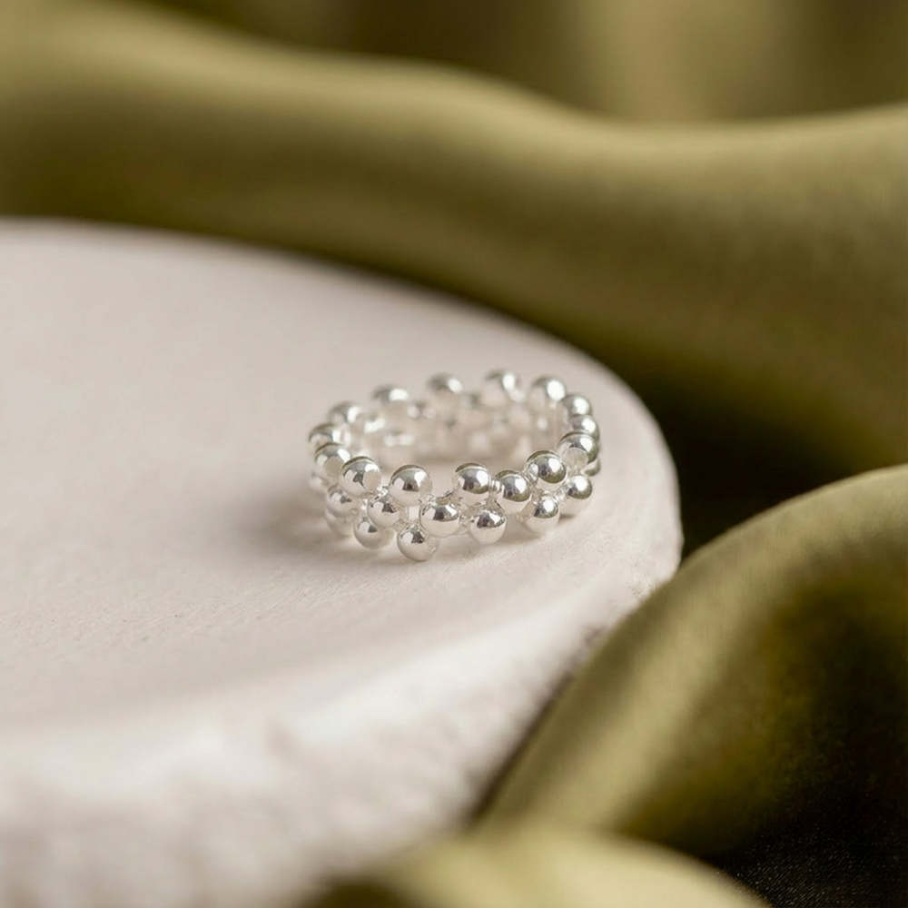 Silver Beaded Ring with Pearl Glow