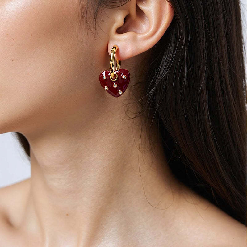 Sparkling Red Heart Hoop Earrings with Diamond Accents