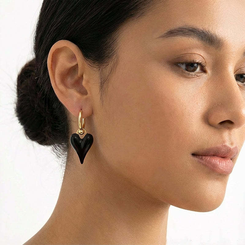 Glossy Black Heart Drop Earrings with Gold Hooks