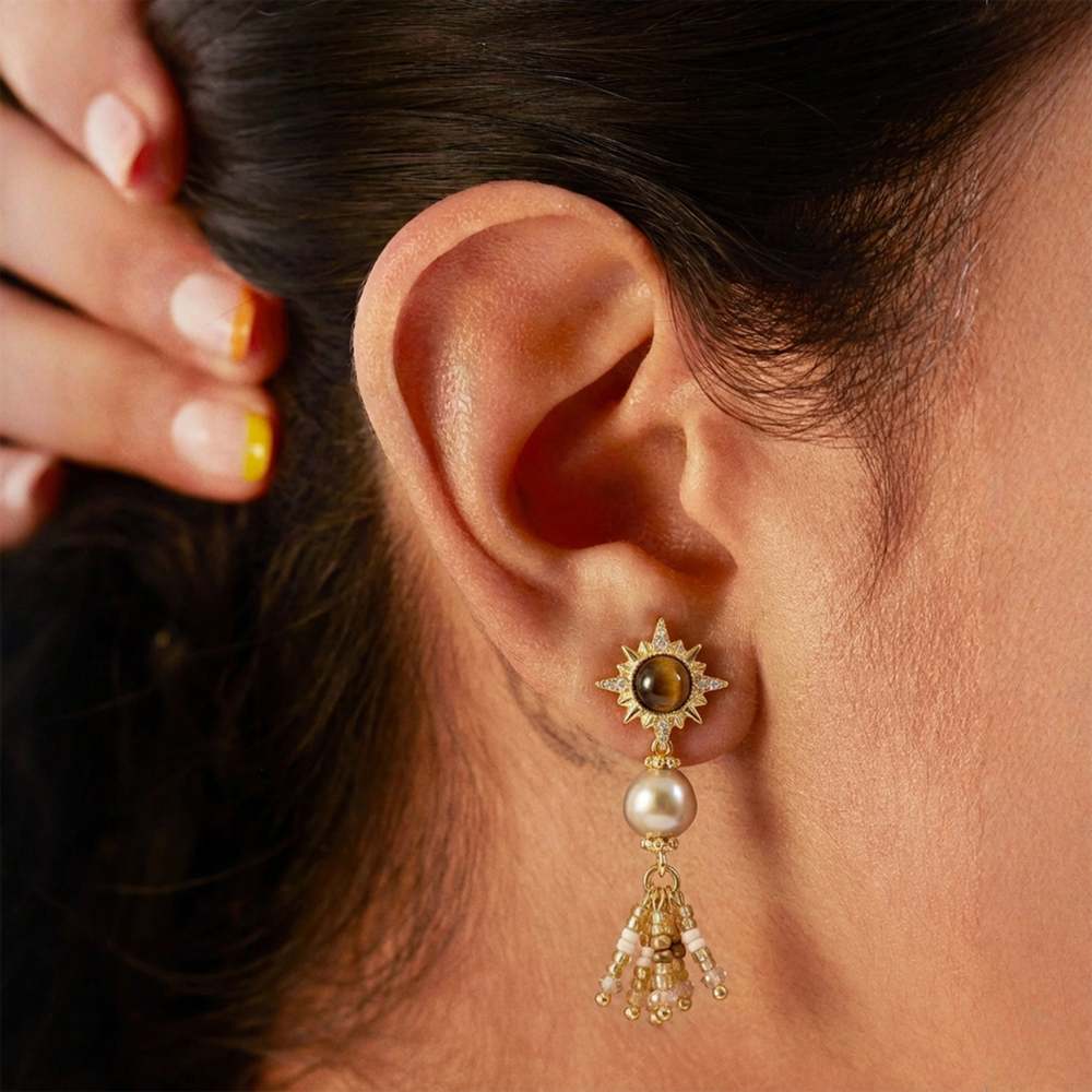 Sunburst Tiger’s Eye Pearl Earrings