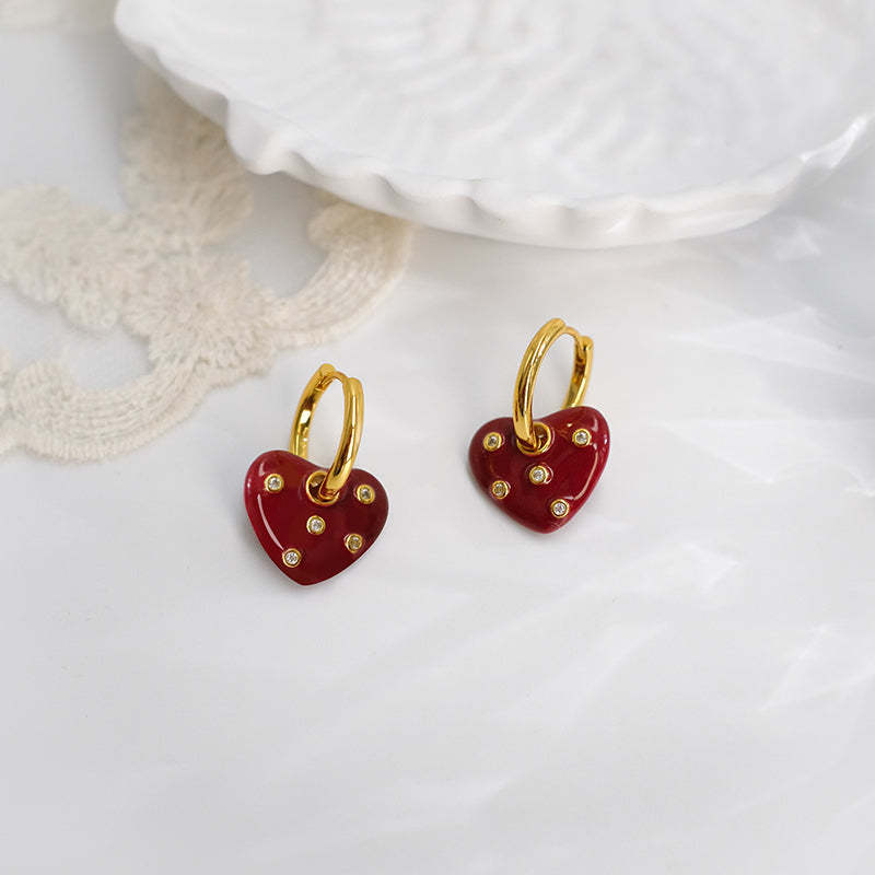 Sparkling Red Heart Hoop Earrings with Diamond Accents