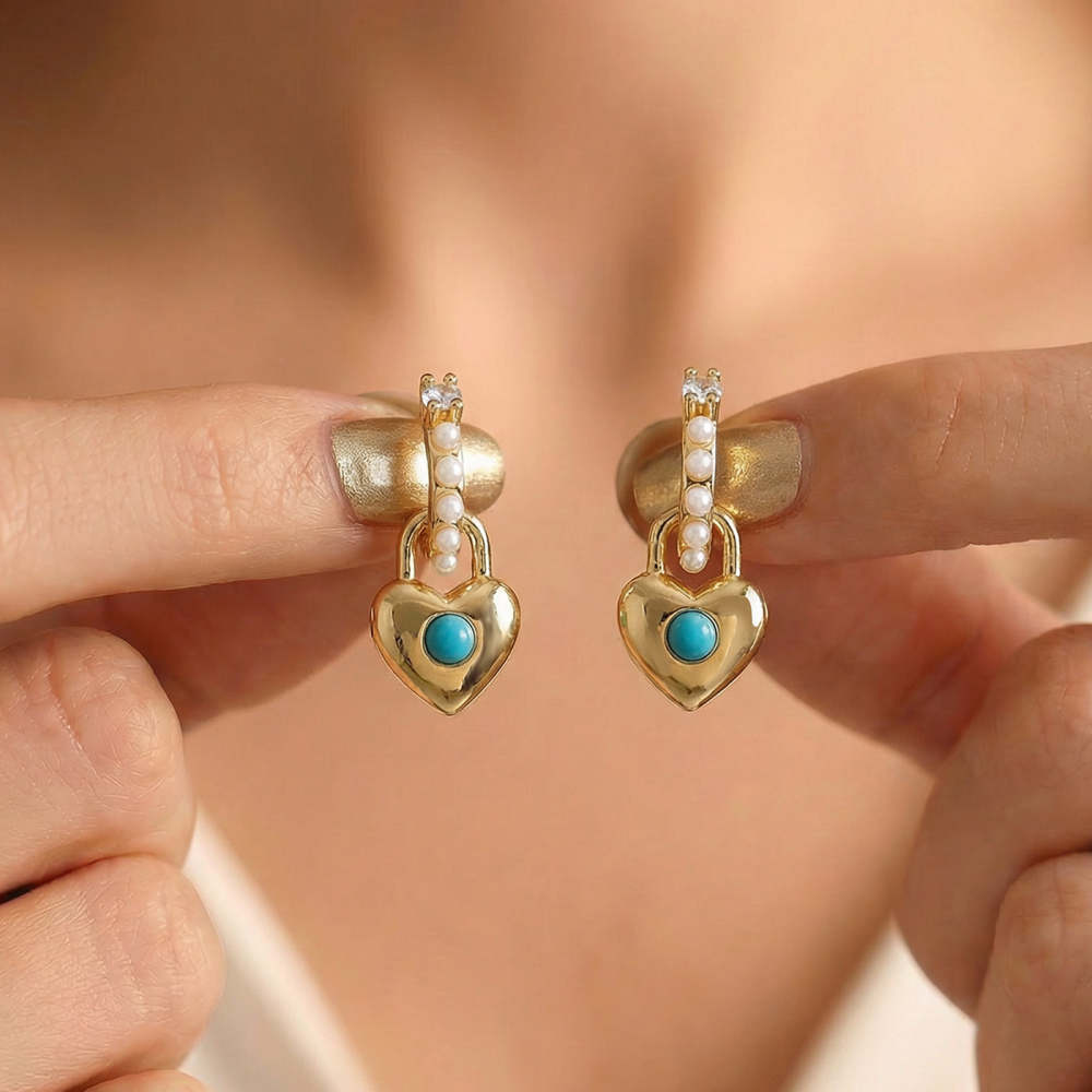 Gold Heart Earrings with Turquoise