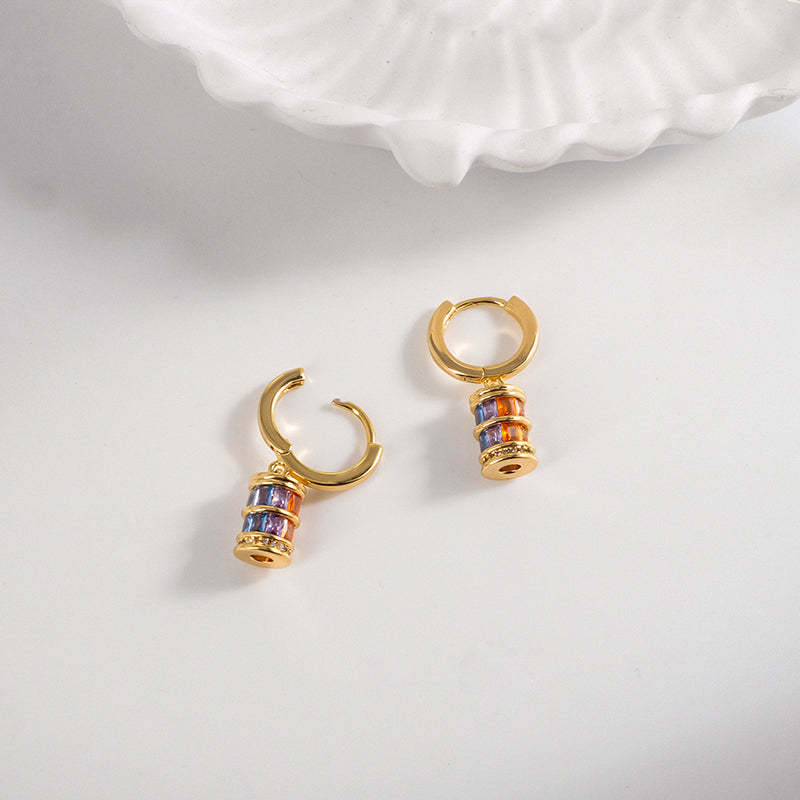Gold Hoop Earrings with Colorful Cylinder Charms
