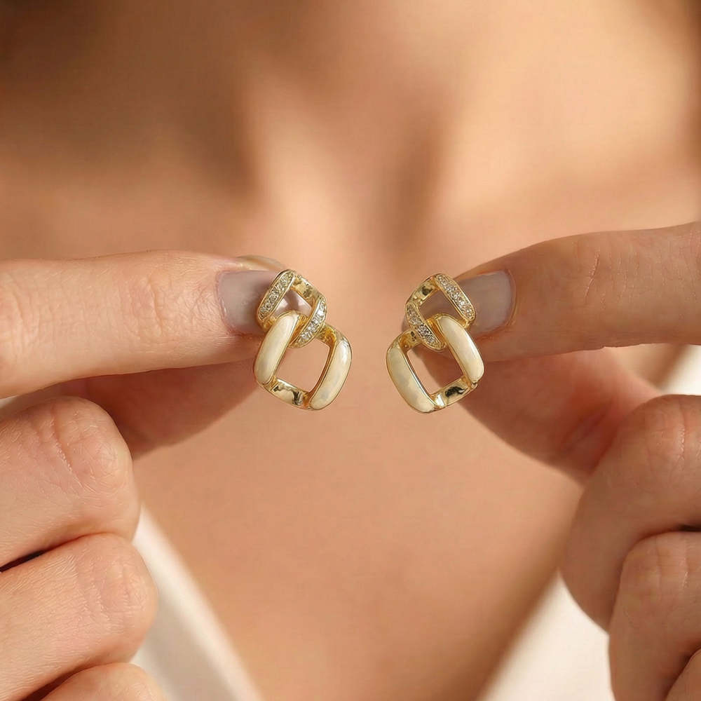 Gold & White Square Stud Earrings