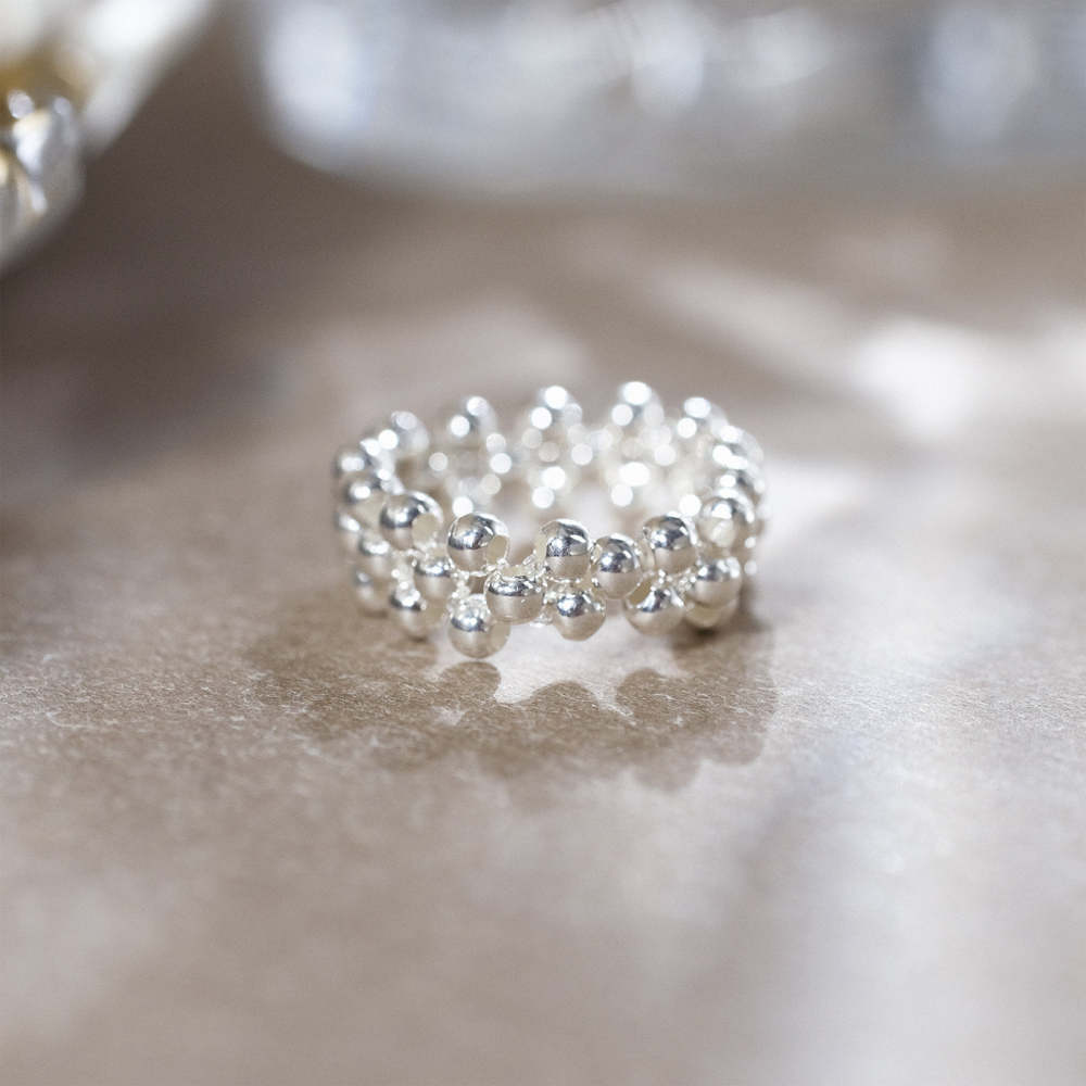Silver Beaded Ring with Pearl Glow